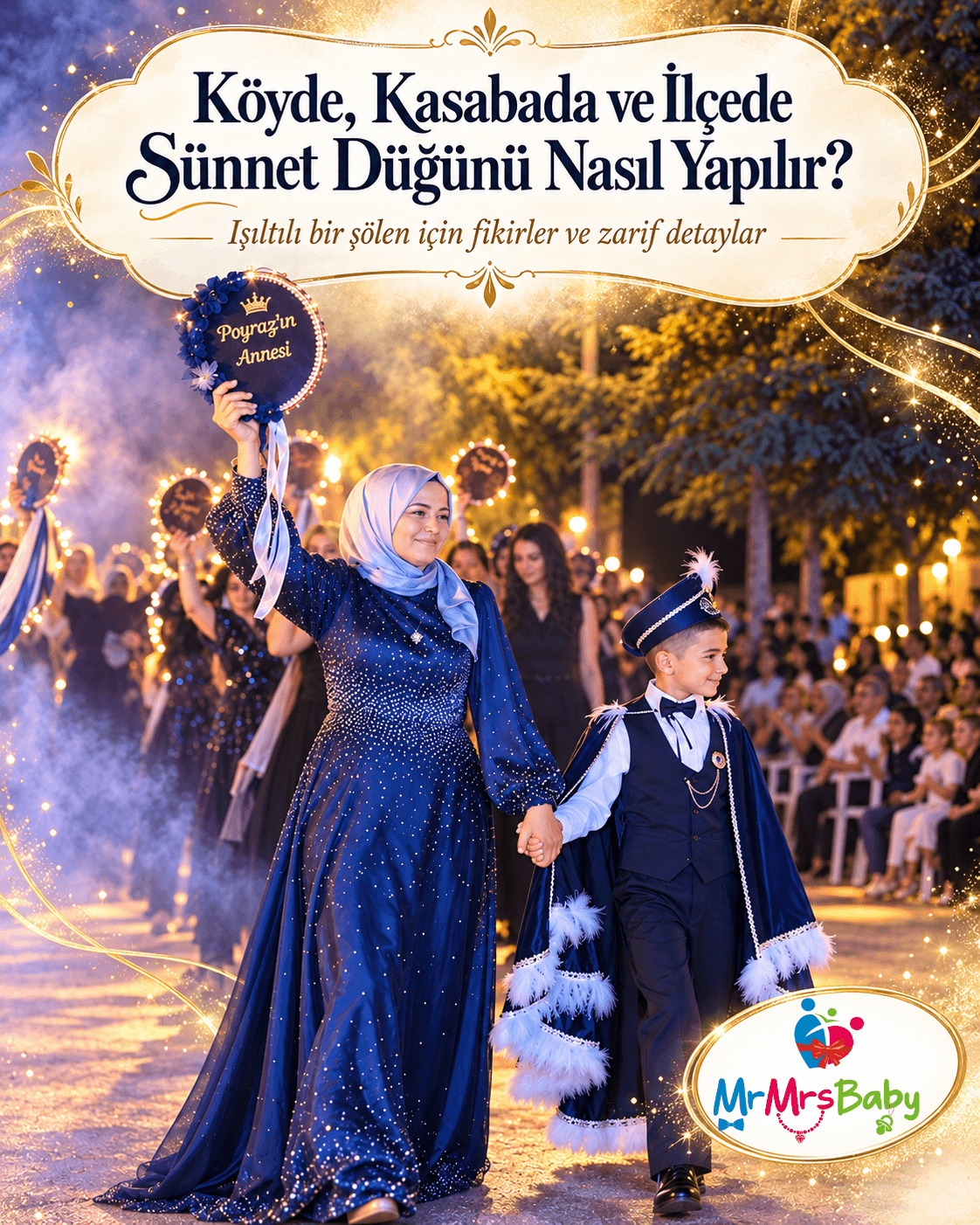 Köyde, kasabada ve ilçede sünnet düğünü nasıl yapılır? MrMrsBaby lacivert gümüş sünnet kına setiyle anne ve oğlunun ışıltılı girişi, kişiye özel isimli anne tefi, davetliler ve görkemli köy meydanı kutlaması.