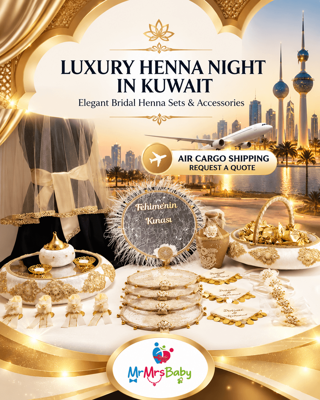 Luxury bridal henna night in Kuwait featuring MrMrsBaby’s cream and gold ostrich-feather henna set, embroidered bridal veil, personalized henna tray, decorative baskets and elegant wedding accessories, with international air cargo shipping by quotation.