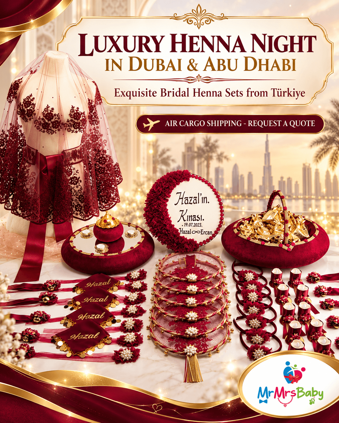 Luxury henna night in Dubai and Abu Dhabi featuring MrMrsBaby's burgundy and gold bridal henna set, embroidered bridal veil, personalized henna tray and elegant wedding accessories.