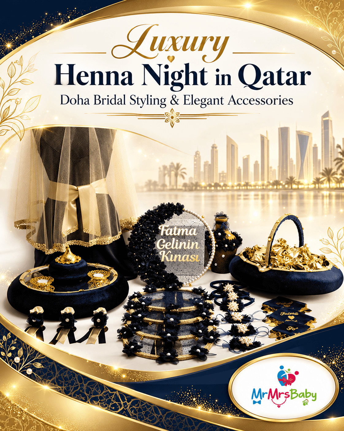Luxury henna night in Doha, Qatar, featuring MrMrsBaby’s navy blue and gold bridal henna set, embroidered bridal veil, personalized henna tray, elegant accessories and international air cargo shipping options.