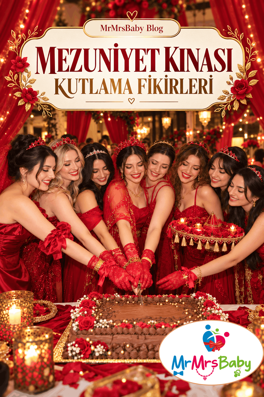 Mezuniyet kınası kutlamasında kırmızı kıyafetli üniversiteli arkadaşların pasta kesmesi, taçlar, bileklikler ve kına tepsisi  mrmrsbaby