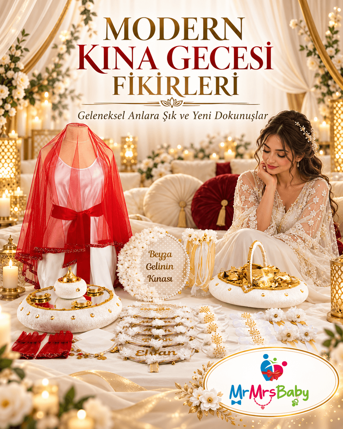Modern kına gecesi fikirleri; krem gold incili gelin kına seti, zarif gelin tefi, ışıltılı gold aksesuarlar, romantik dekorasyon ve mücevher gibi tasarımlarla masalsı kına gecesi konsepti mrmrsbaby
