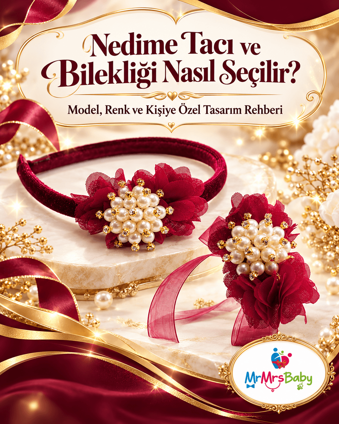 Nedime tacı ve bilekliği nasıl seçilir? Bordo gold incili nedime tacı ve bilekliği, çiçekli ve inci detaylı kına gecesi aksesuarlarıyla model, renk ve kişiye özel tasarım uyumu rehberi – MrMrsBaby.