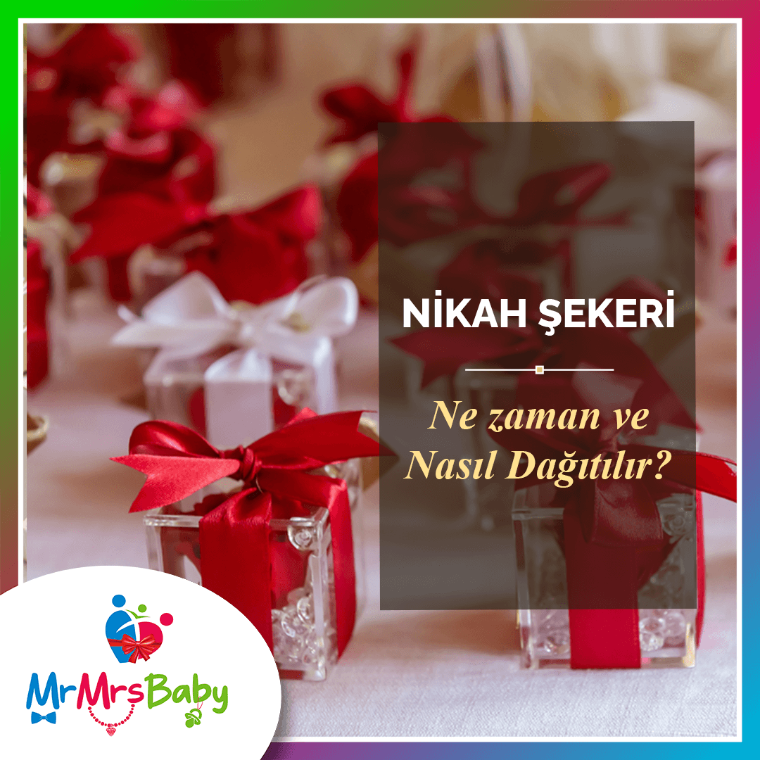Kırmızı ve beyaz fiyonklarla süslenmiş şeffaf küçük nikâh hediyeliği kutuları, nikâh şekeri sunumu ve dağıtım rehberi.