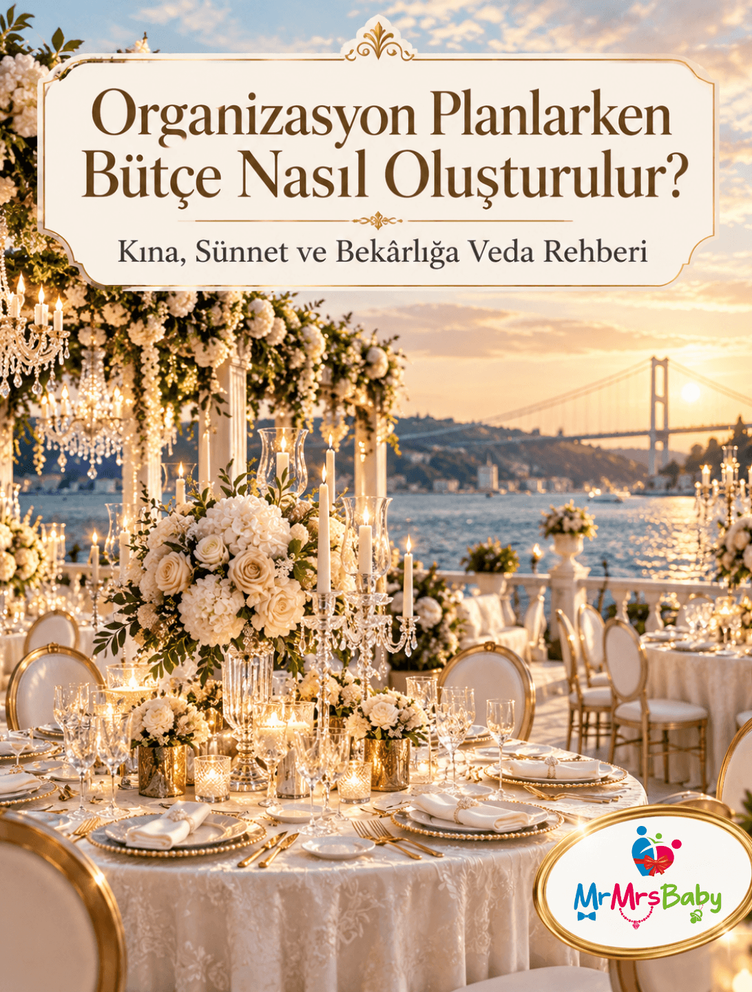 Organizasyon bütçesi nasıl oluşturulur? Gelin kınası, sünnet düğünü ve bekârlığa veda organizasyonları için Boğaz manzaralı, gold detaylı, çiçekli ve ışıltılı masa süslemeleriyle bütçe planlama rehberi.