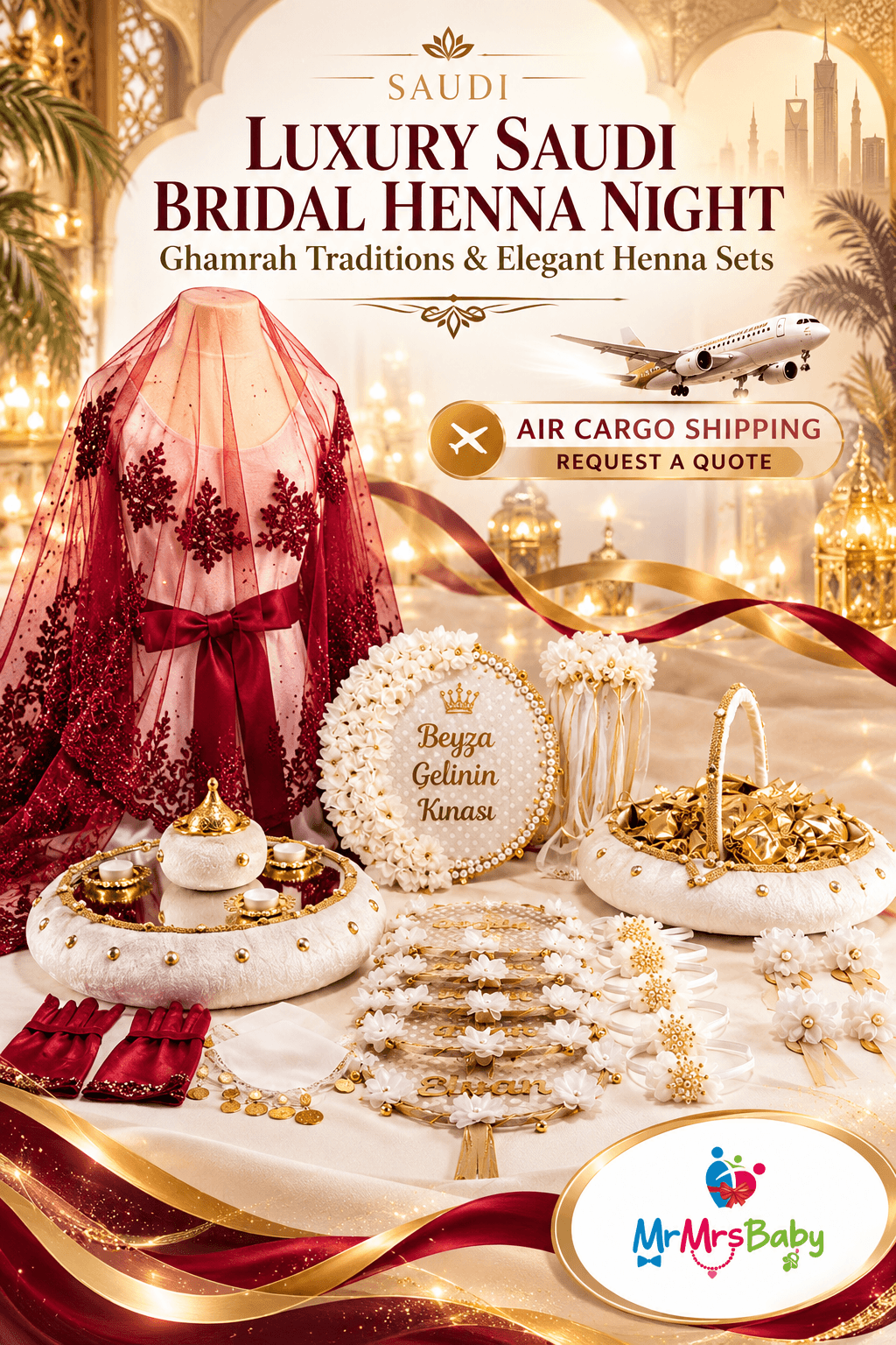 Luxury Saudi bridal henna night and Ghamrah celebration featuring MrMrsBaby's personalized white and gold bridal henna set, burgundy embroidered bridal veil, elegant henna trays, baskets and accessories with air cargo shipping options.