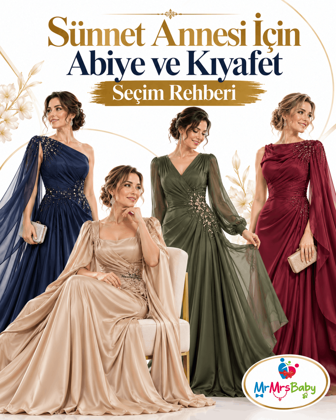 Sünnet annesi için abiye ve kıyafet seçim rehberi; lacivert, şampanya, zeytin yeşili ve bordo tonlarında zarif uzun abiye modelleri, kumaş ve renk uyumu önerileri