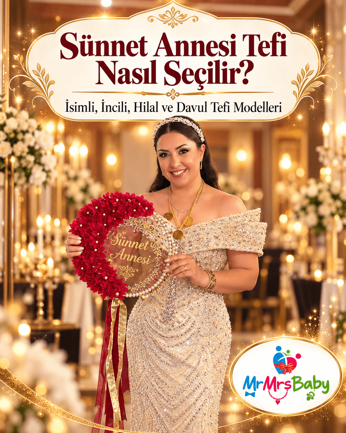Sünnet annesi tefi nasıl seçilir? Bordo çiçekli, incili ve kişiye özel isimli sünnet annesi tefi, ışıltılı krem gold abiyeli sünnet annesi, hilal ve davul tefi modelleri, sünnet kına setleriyle renk ve tasarım uyumu – MrMrsBaby.