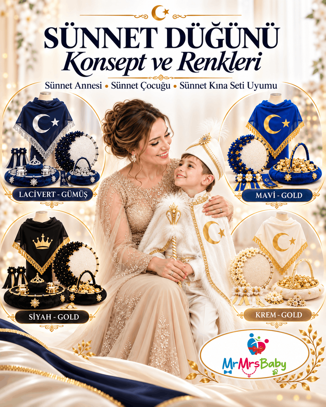 Sünnet düğünü konsept ve renkleri; sünnet annesi, sünnet çocuğu ve lacivert-gümüş, mavi-gold, siyah-gold, krem-gold sünnet kına seti uyumu