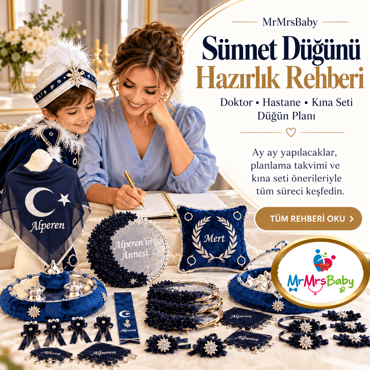Sünnet düğünü hazırlık rehberi; doktor ve hastane planı, sünnet annesi, sünnet çocuğu ve lacivert gümüş kişiye özel sünnet kına seti hazırlıkları