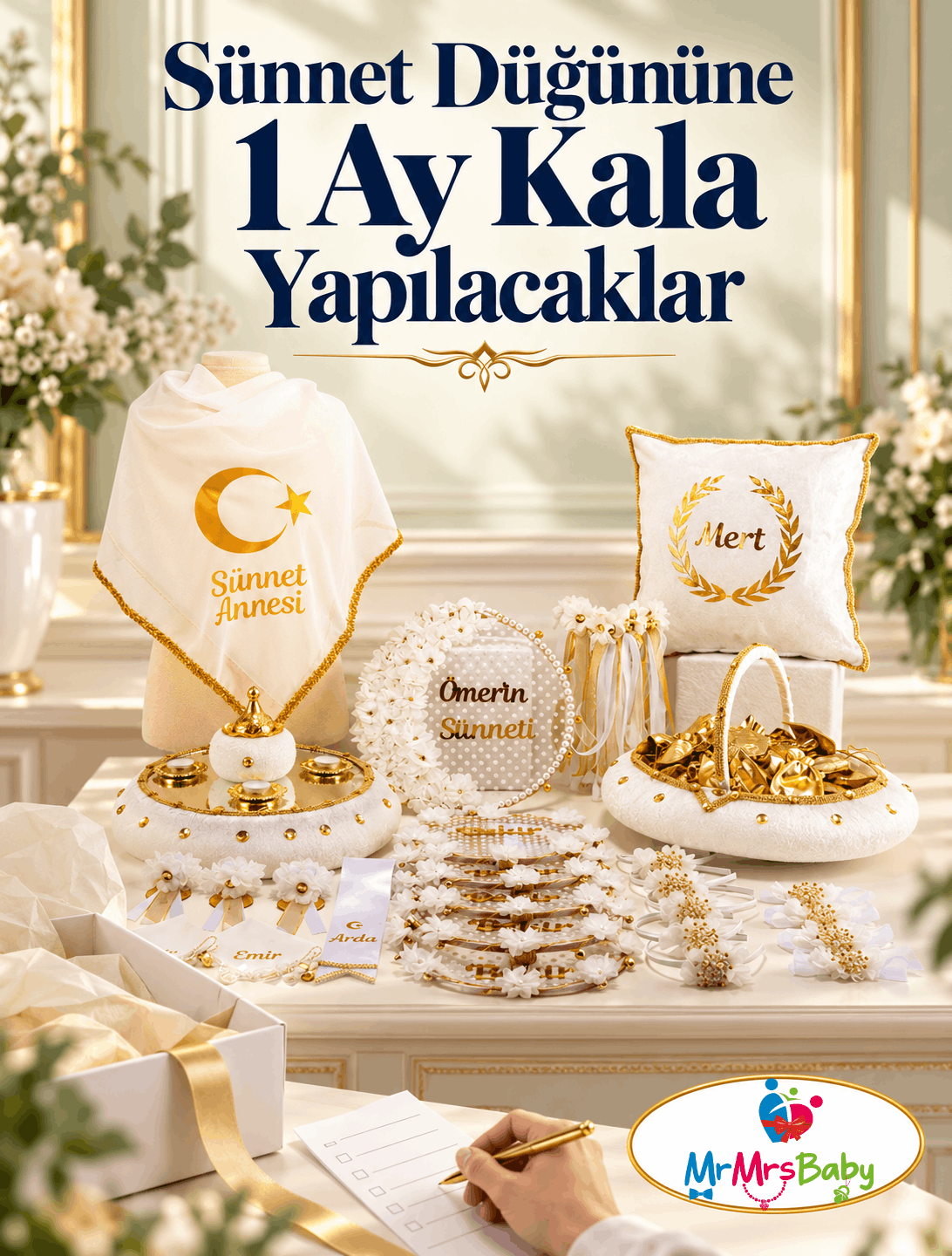 Sünnet düğününe 1 ay kala hazırlıklar; MrMrsBaby Beyaz Gold Mega Hilal İncili Sünnet Kına Seti ve teslim alınan ürünlerin kontrolü