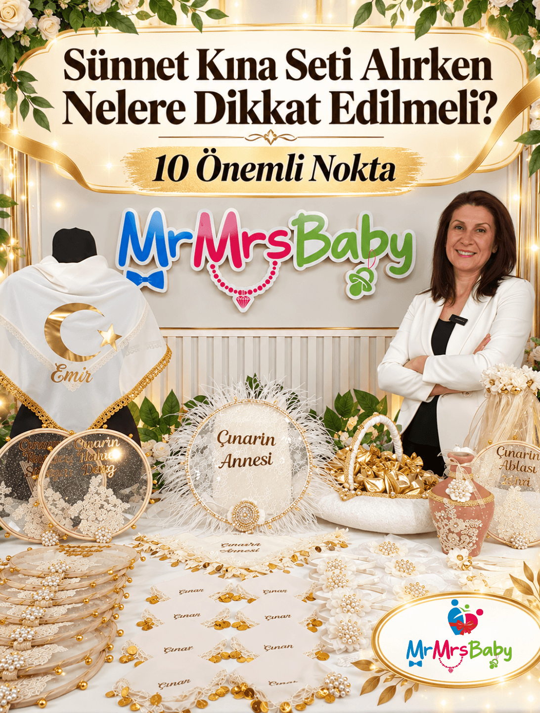 MrMrsBaby sünnet kına seti alırken nelere dikkat edilmeli? Krem gold, inci detaylı, kişiye özel isimli sünnet kına seti, özgün tasarım, kaliteli işçilik ve 10 önemli seçim kriteri.