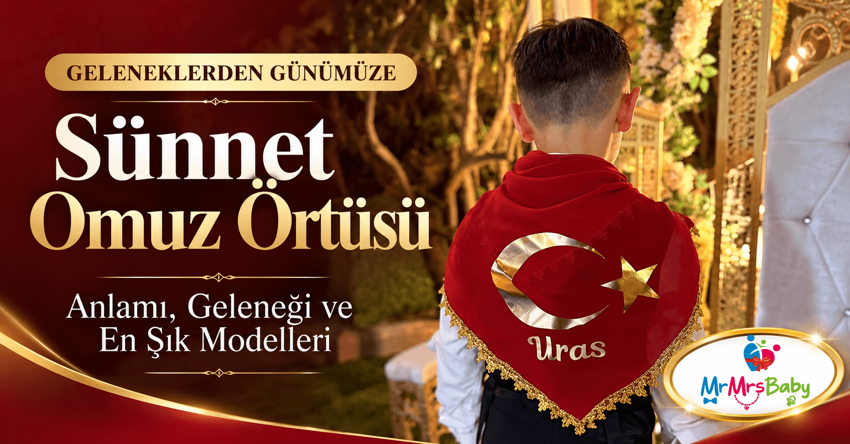 Kırmızı gold, altın ay-yıldız baskılı ve isimli kişiye özel sünnet omuz örtüsü – MrMrsBaby sünnet omuz örtüsü modelleri, gelenekten günümüze zarafet.