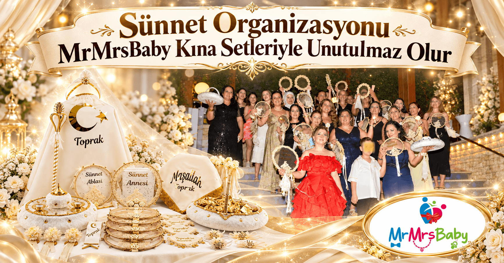 Sünnet organizasyonu MrMrsBaby kişiye özel krem gold sünnet kına setleriyle unutulmaz olur. İsimli anne tefi, kına tepsisi, pelerin ve davetlilerin birlikte kutladığı sünnet düğünü.