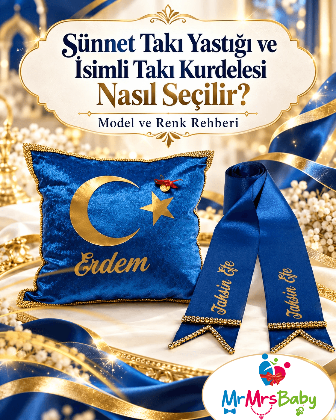 Sünnet takı yastığı ve isimli takı kurdelesi nasıl seçilir? Mavi gold kadife sünnet takı yastığı, ay yıldız işlemeli kişiye özel isimli takı kurdelesi, gold detaylar ve sünnet kına setleriyle model ve renk uyumu – MrMrsBaby.