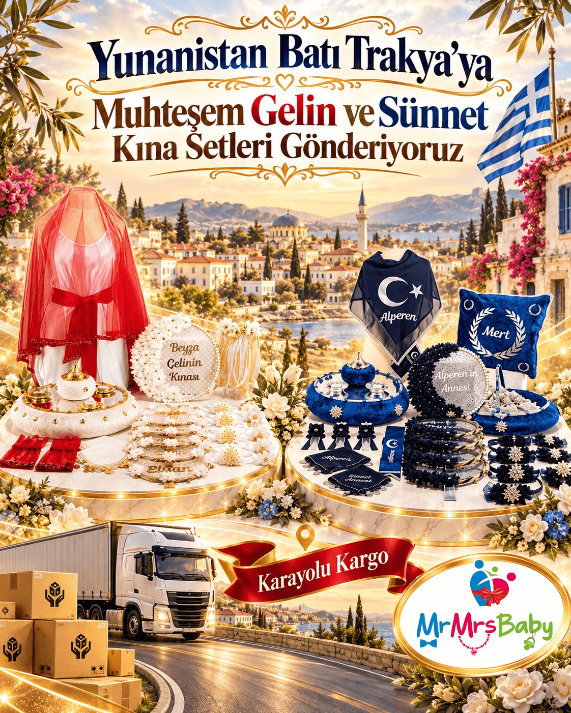 Yunanistan Batı Trakya’ya MrMrsBaby gelin ve sünnet kına setleri gönderimi; Gümülcine ve İskeçe için kişiye özel krem gold gelin kına seti, lacivert gümüş sünnet kına seti, karayolu kargo tırı ve ışıltılı ürün tasarımları.
