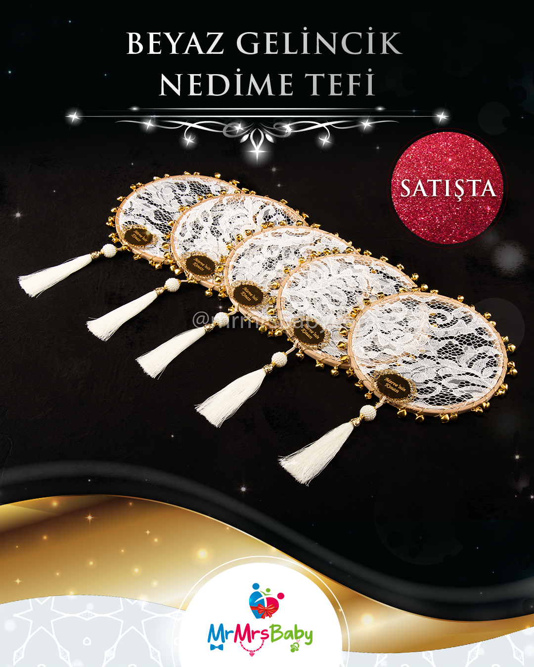 Beyaz Dantelli Püsküllü  Pleksi İsimli Nedime Tefi