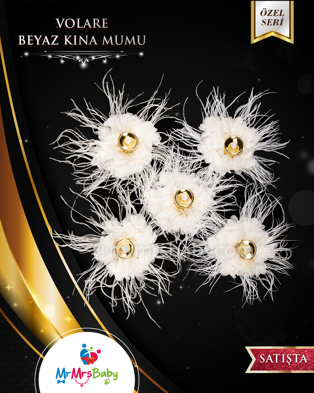 Beyaz Gold Led Işıklı Tüylü  Kına Mumu
