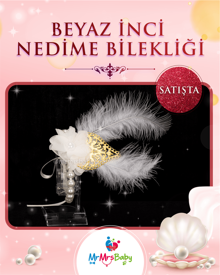 Beyaz İncili Tüylü Nedime Bilekliği