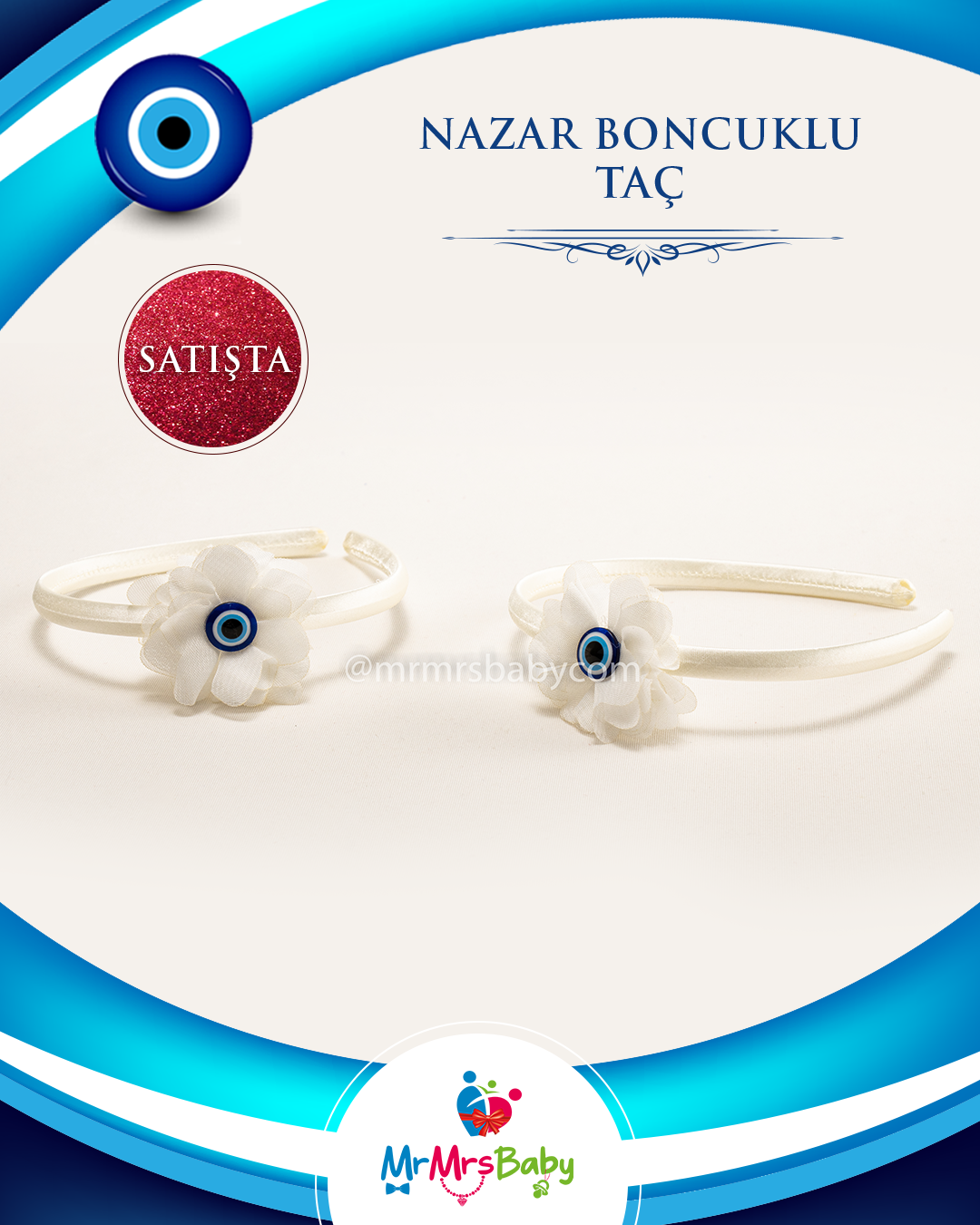 Beyaz Nazar Boncuklu  Çiçekli Nedime Tacı