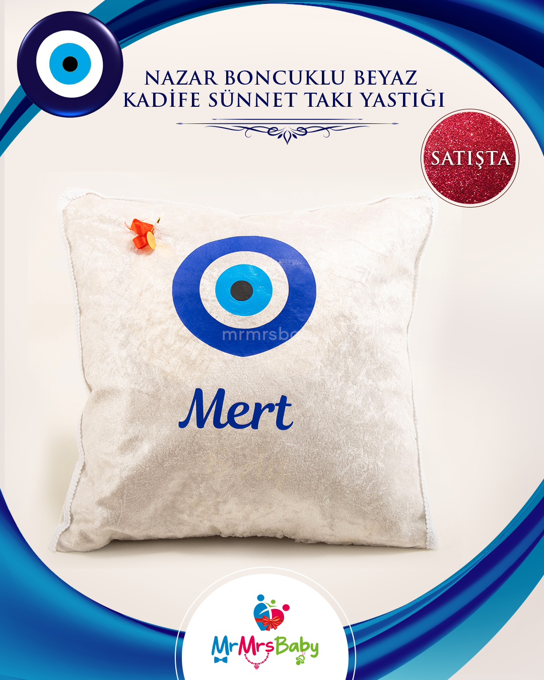 Beyaz Nazar Boncuklu Kadife Sünnet Takı Yastığı