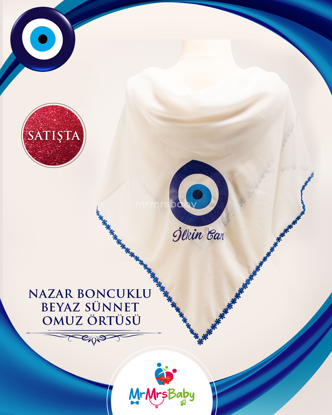 Beyaz Nazar Boncuklu  Sünnet Omuz Örtüsü İsimli