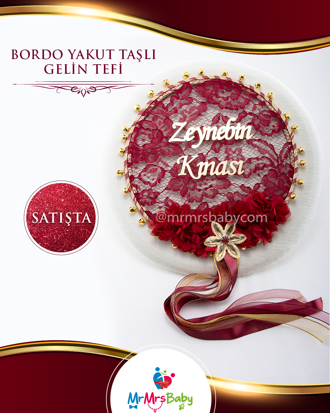 Bordo  Dantelli Lazer Güllü Bordo Taşlı Pleksi İsimli Büyük Gelin Tefi
