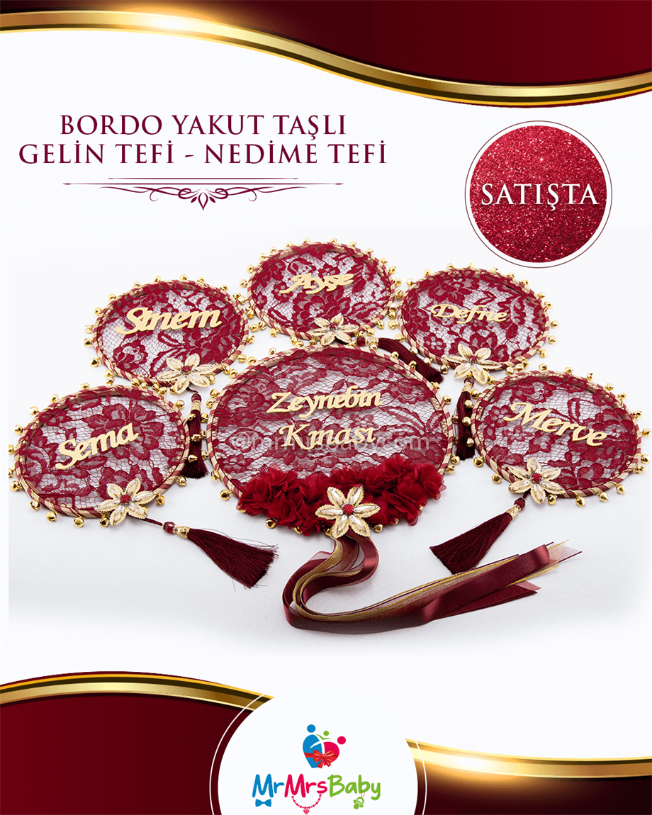 Bordo Dantelli Yakut Taşlı  Gold Çiçekli  Kına Seti