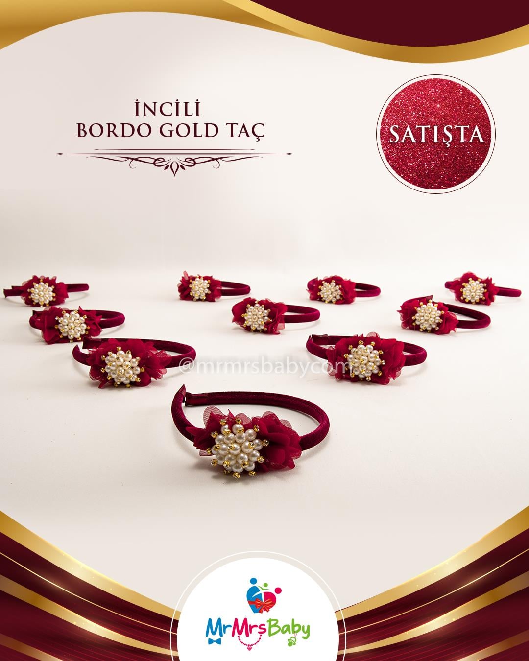 Bordo Gold İncili Çiçekli Nedime Tacı 10 Adet