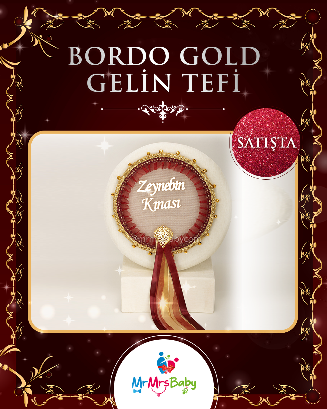 Bordo Gold Şeritli Gold Aksesuarlı Pleksi İsimli Büyük Gelin Tefi 
