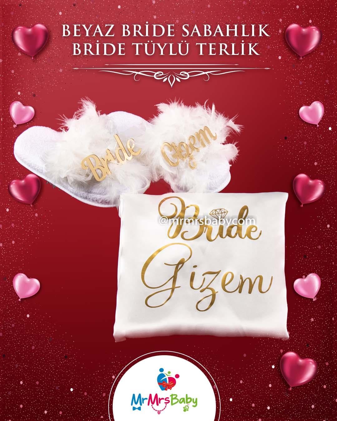 Bride Baskılı  İsimli  Gelin Sabahlığı Beyaz