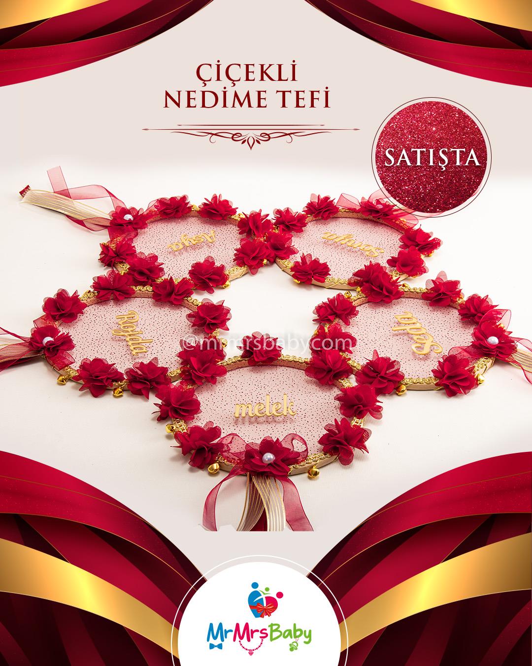 Çiçekli Bordo Gold Nedime Tefi