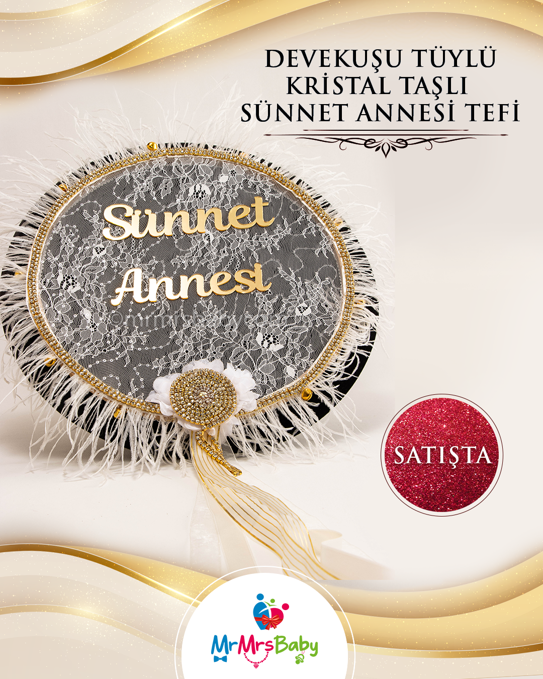 Devekuşu Tüylü Kristal Taşlı Krem Gold Sünnet Anne Tefi