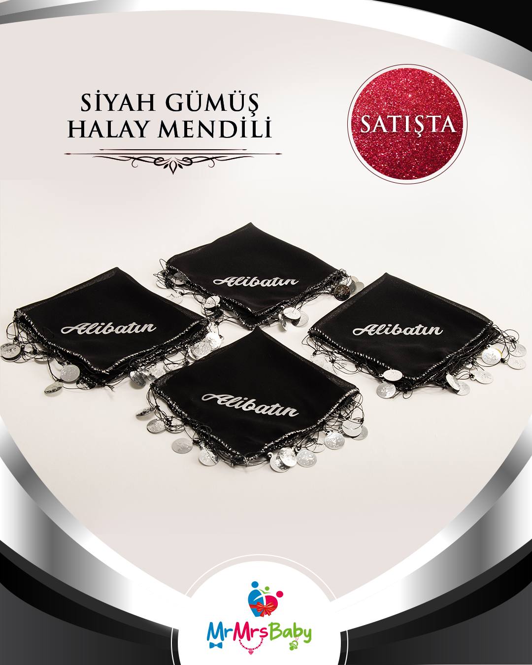 El Yapımı Siyah Gümüş Kına Halay  Mendili