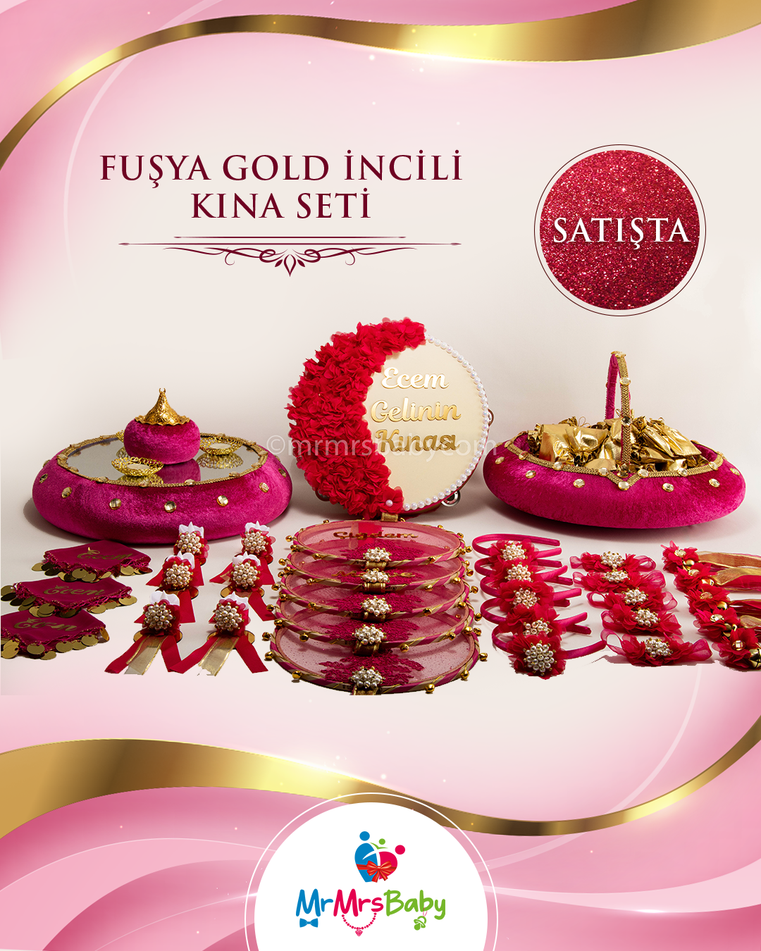 Fuşya Gold İncili  Gelin Kına Seti