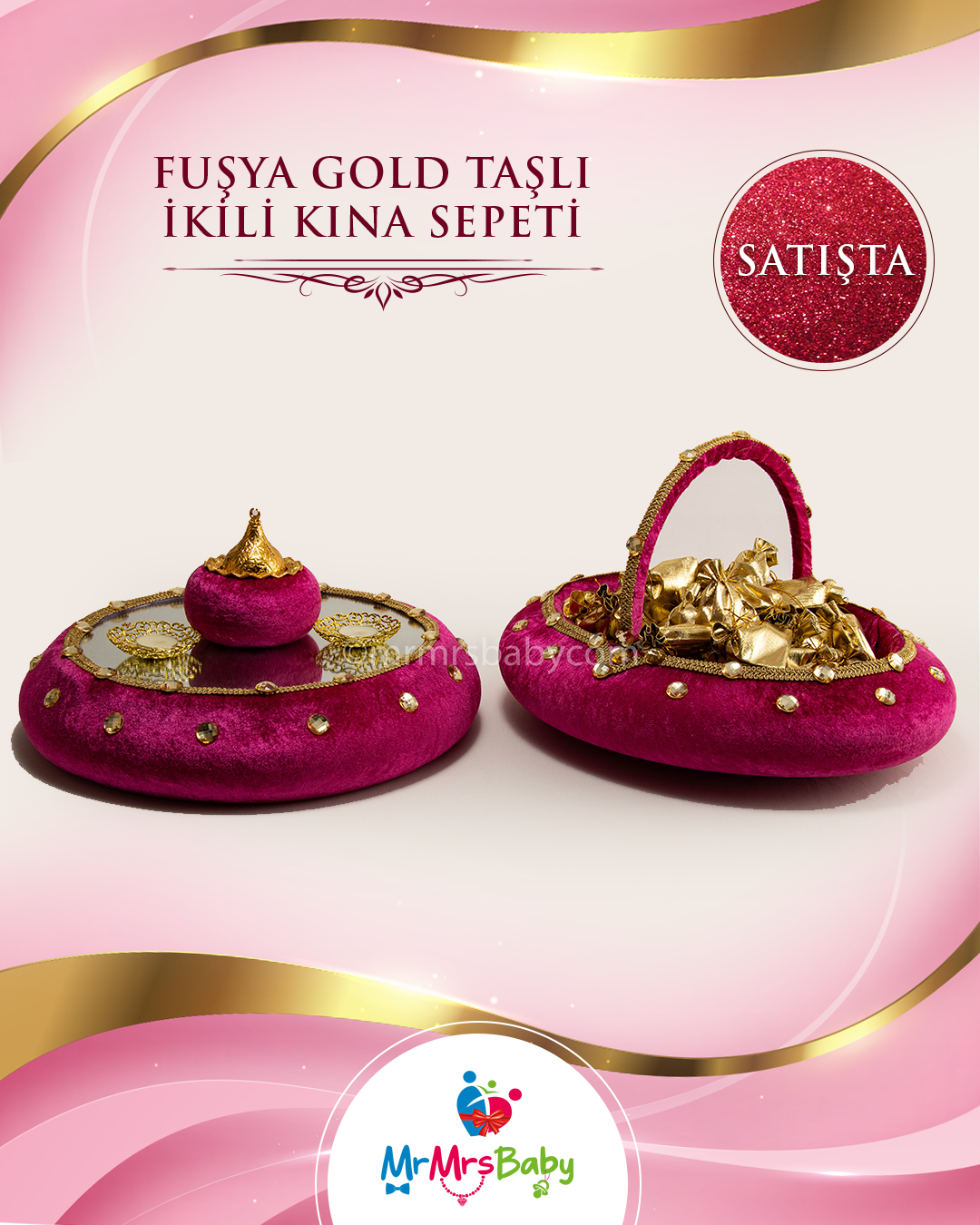 Fuşya Gold Taş Süslemeli Aynalı Kadife İkili Kına Sepeti