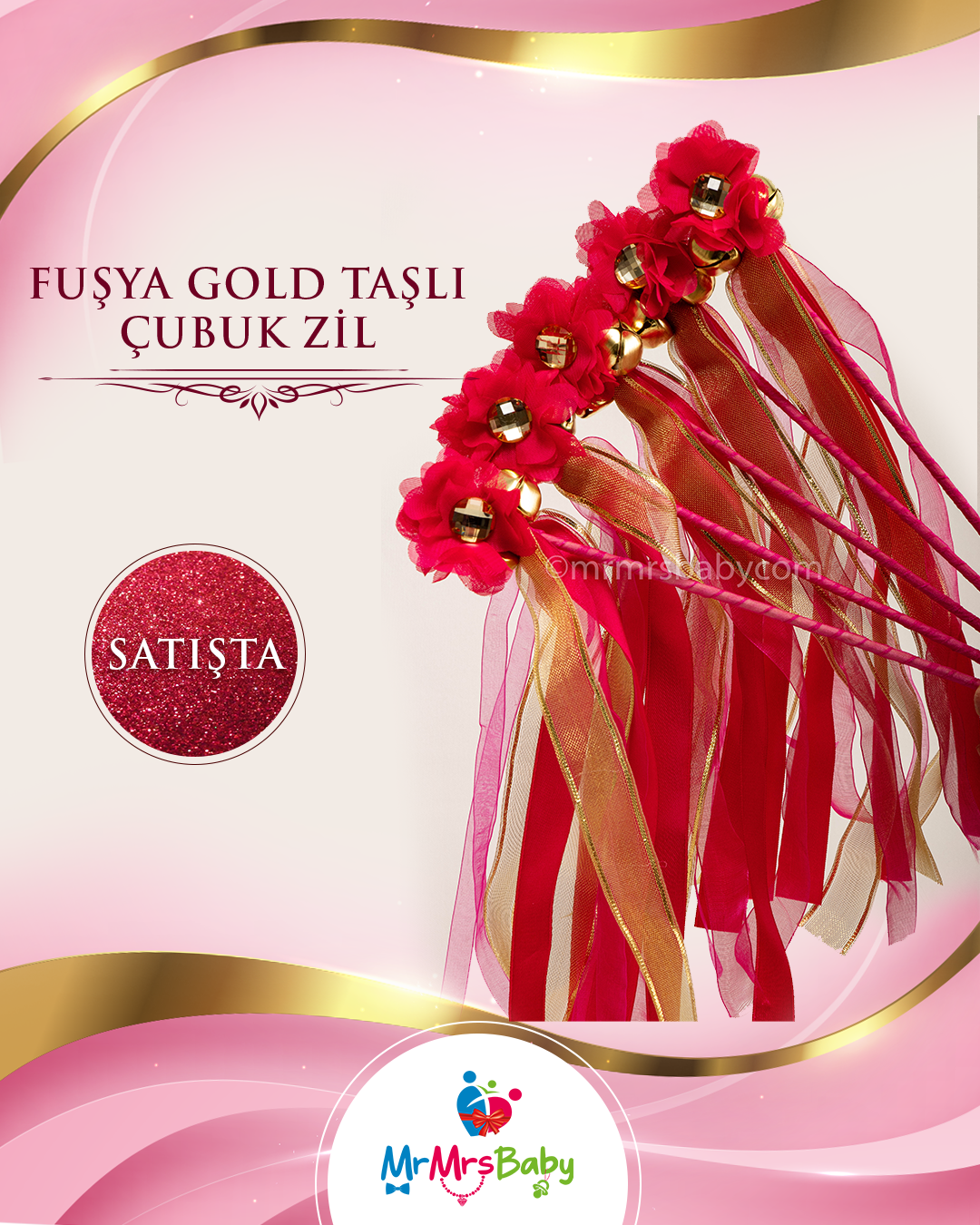 Fuşya Gold Taşlı Çubuk Zil