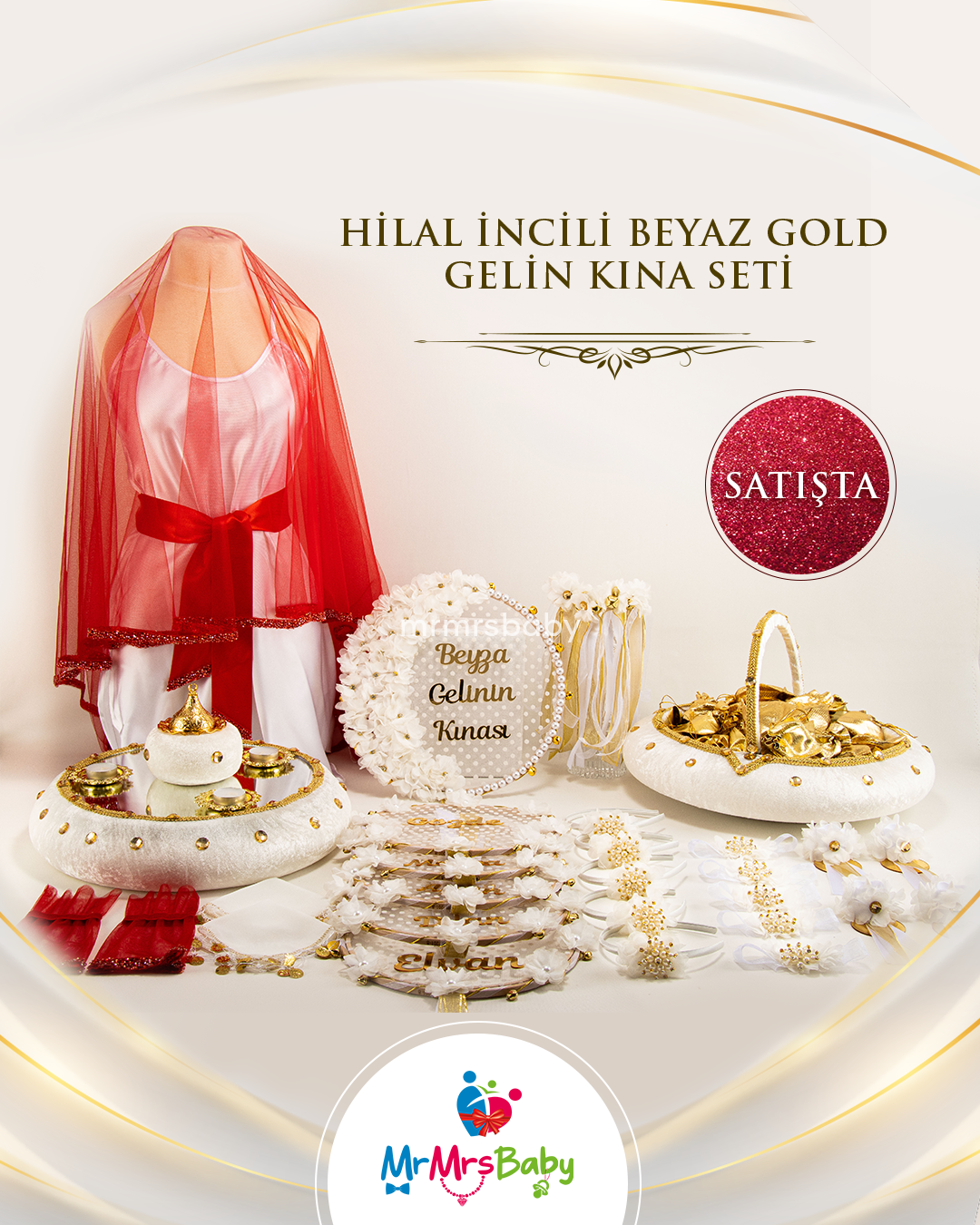 Hilal Model İncili Beyaz Gold  Gelin Kına Seti
