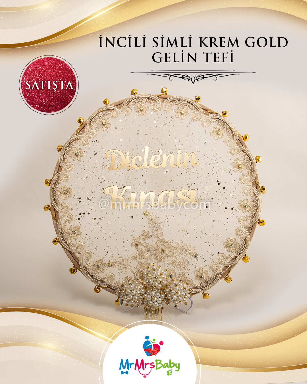 İncili Simli Krem Gold Gelin Tefi