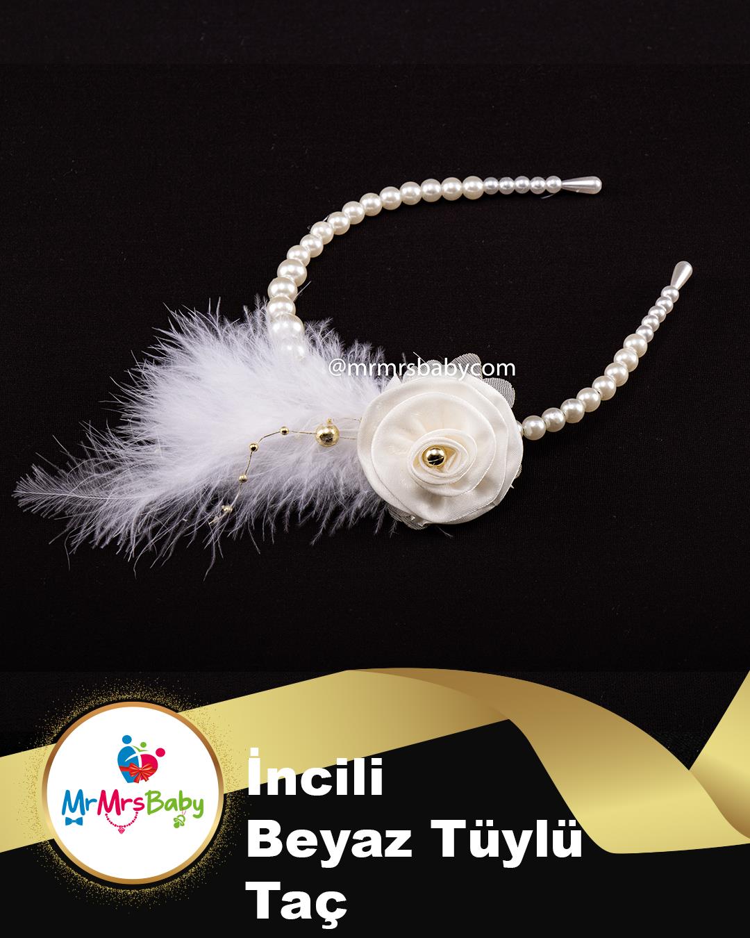 İncili Tüylü Lüks  Organze  Güllü Nedime Tacı Beyaz