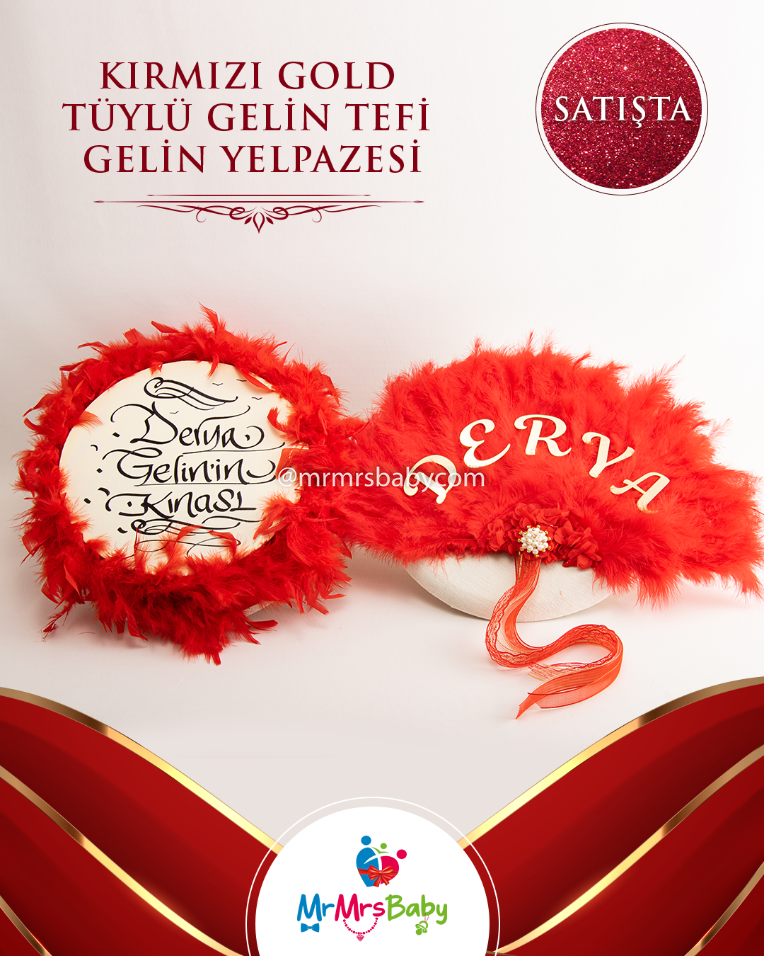 İsme Özel Kırmızı Otriş Tüylü  Deri Büyük Gelin Tefi 