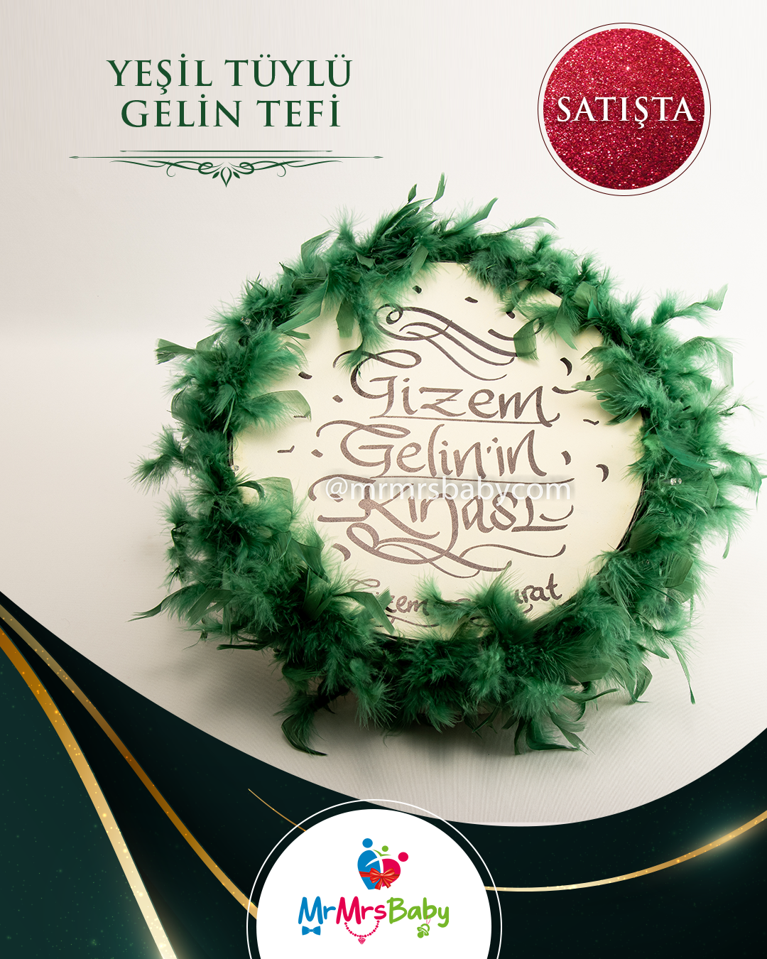 İsme Özel Yeşil Otriş Tüylü  Deri Büyük Gelin Tefi 