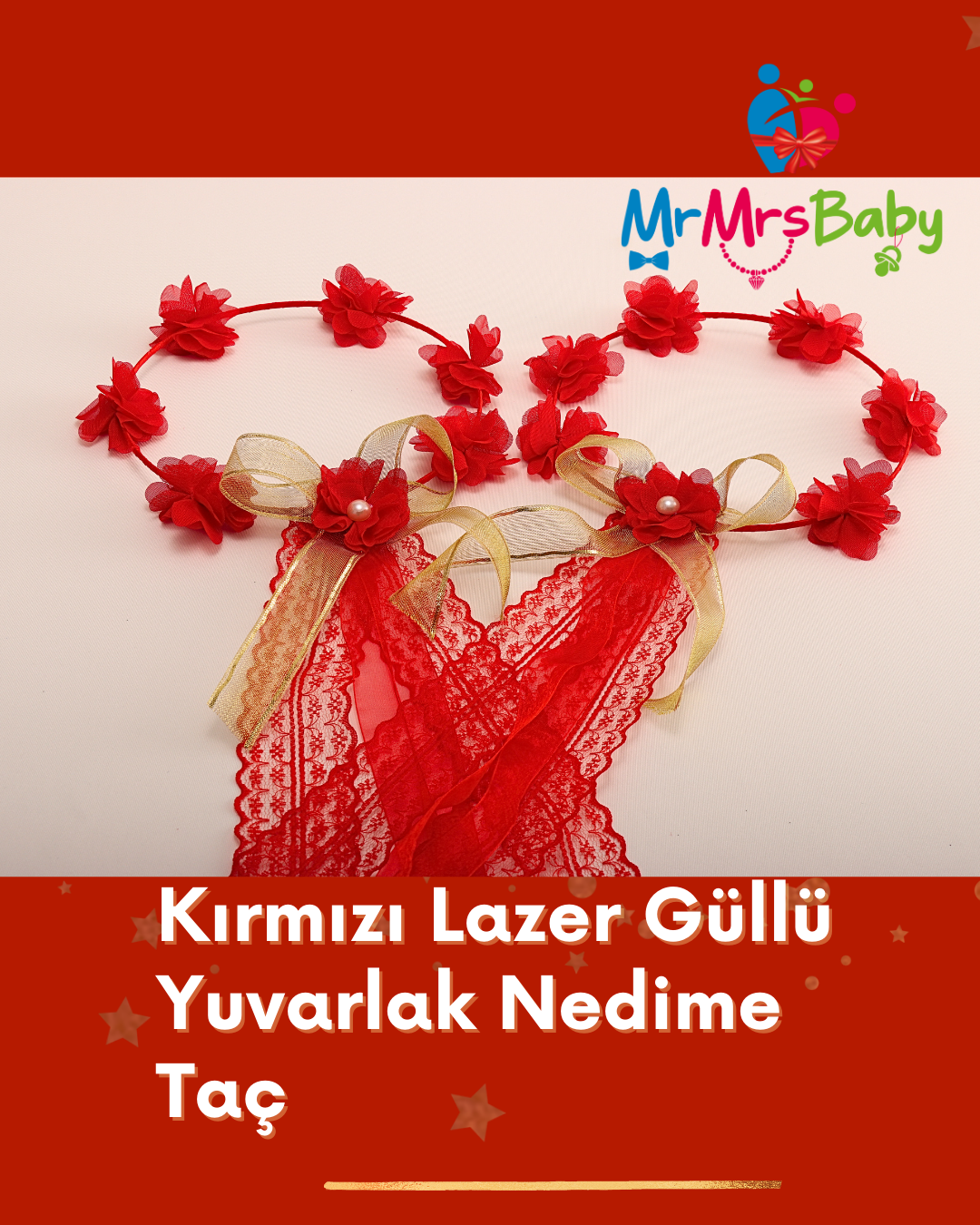Kırmızı Lazer Güllü Yuvarlak Nedime Tacı 10 Adet
