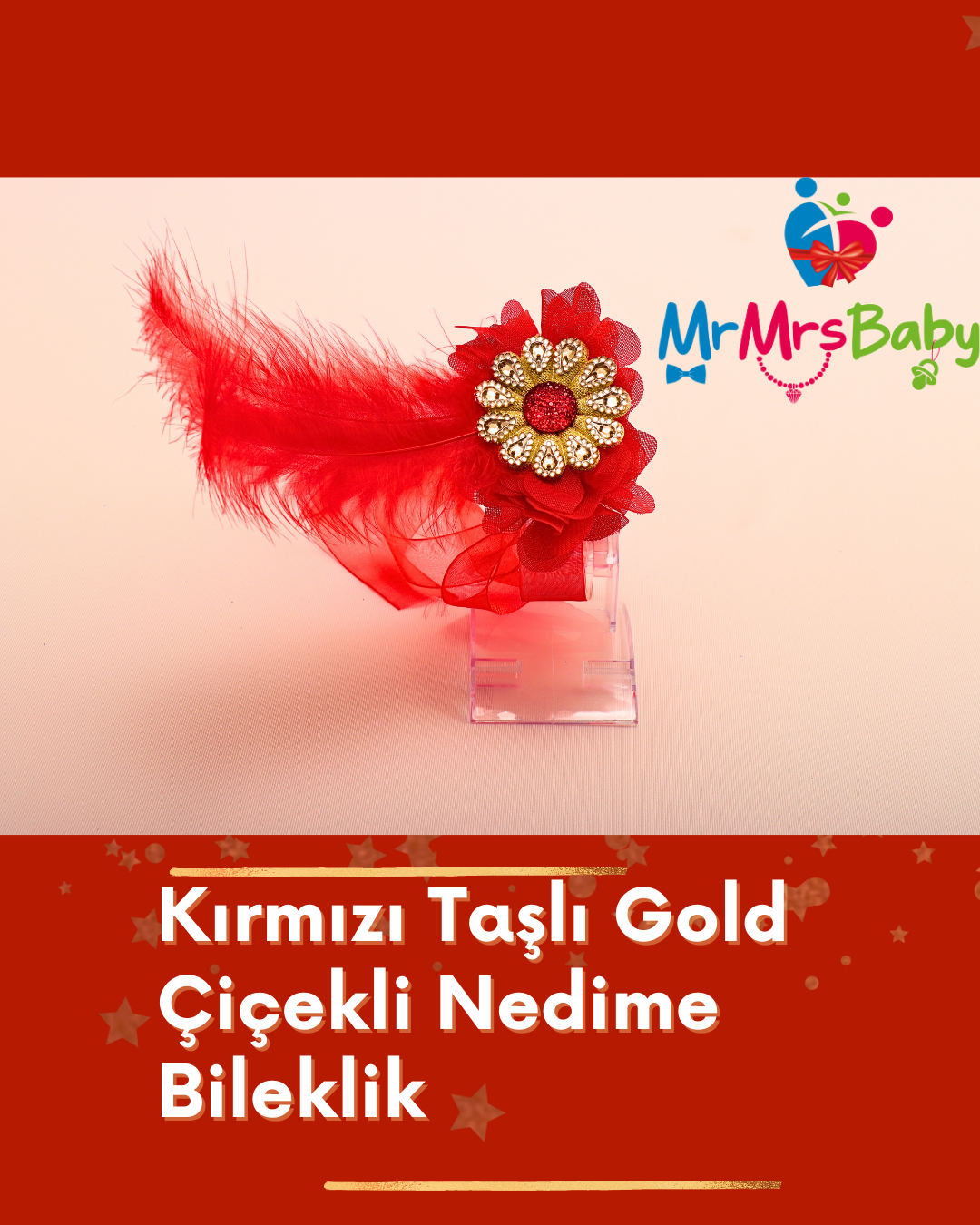 Kırmızı Taşlı Gold Çiçekli Tüylü Nedime Bilekliği 10 Adet