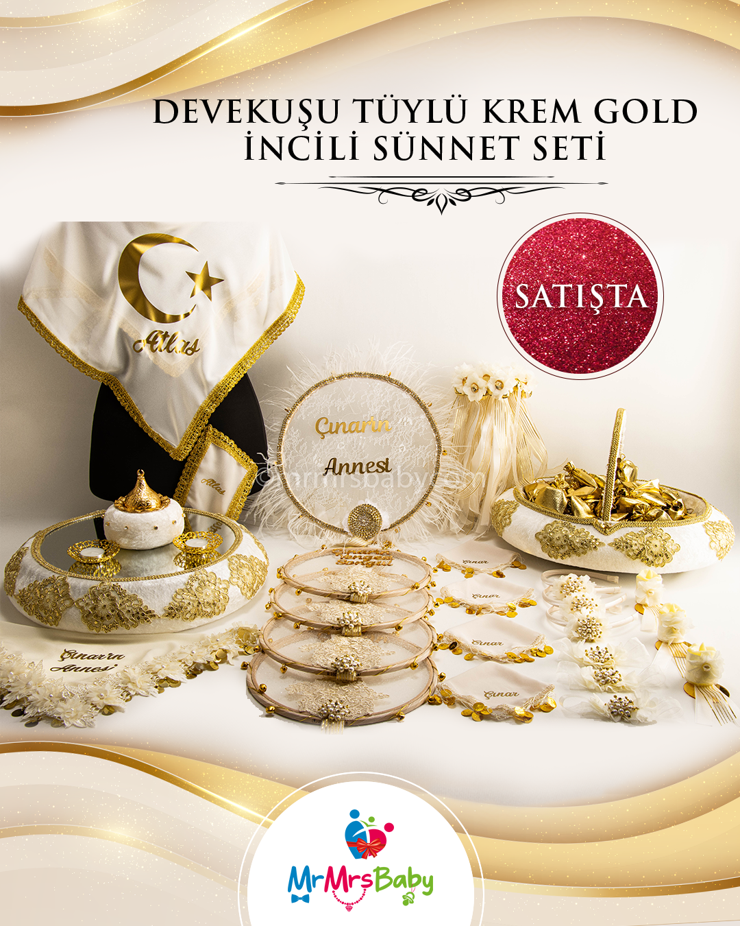 Krem Gold Devekuşu Tüylü Sünnet Kına Seti