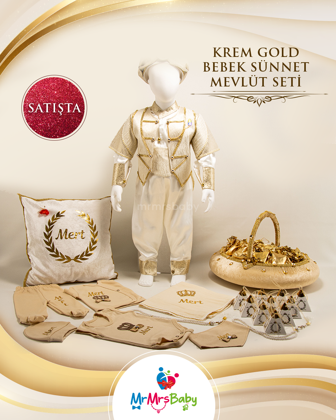 Krem Gold Erkek Bebek Şehzade Sünnet Takımı ve Mevlüt Seti