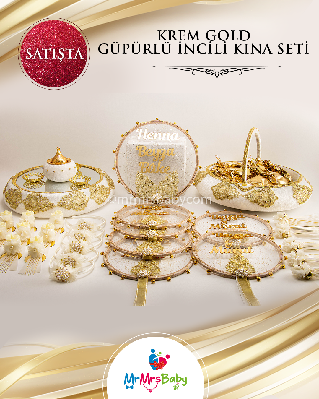 Krem Gold Güpürlü İncili  Gelin Kına Seti
