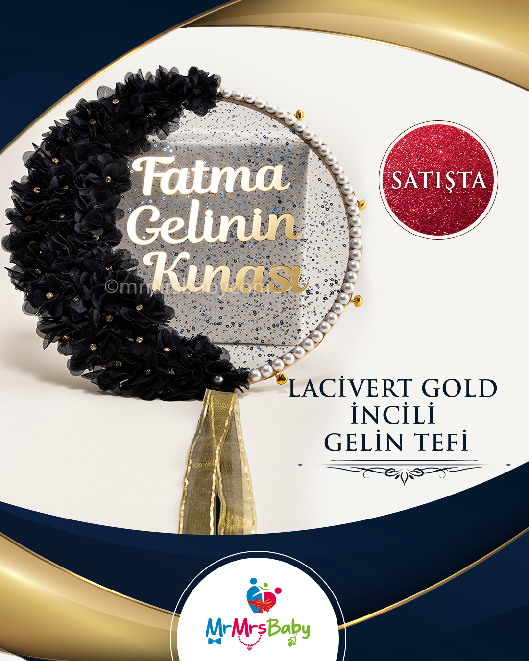 Lacivert Gold İncili Çiçekli İsimli Gelin Tefi