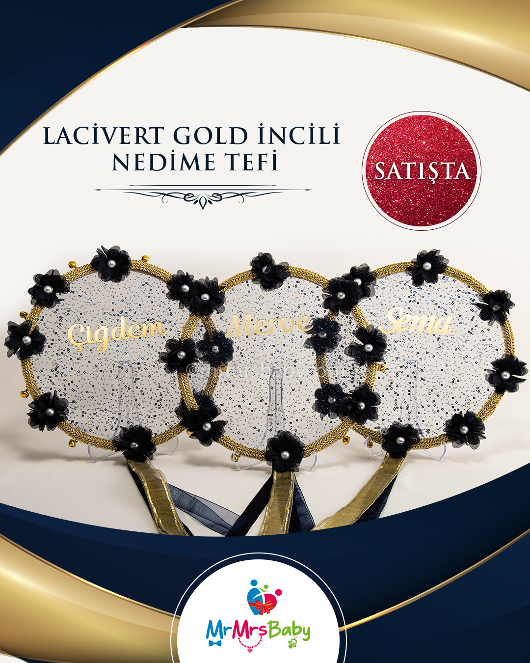 Lacivert Gold İncili  Çiçekli  İsimli Nedime Tefi