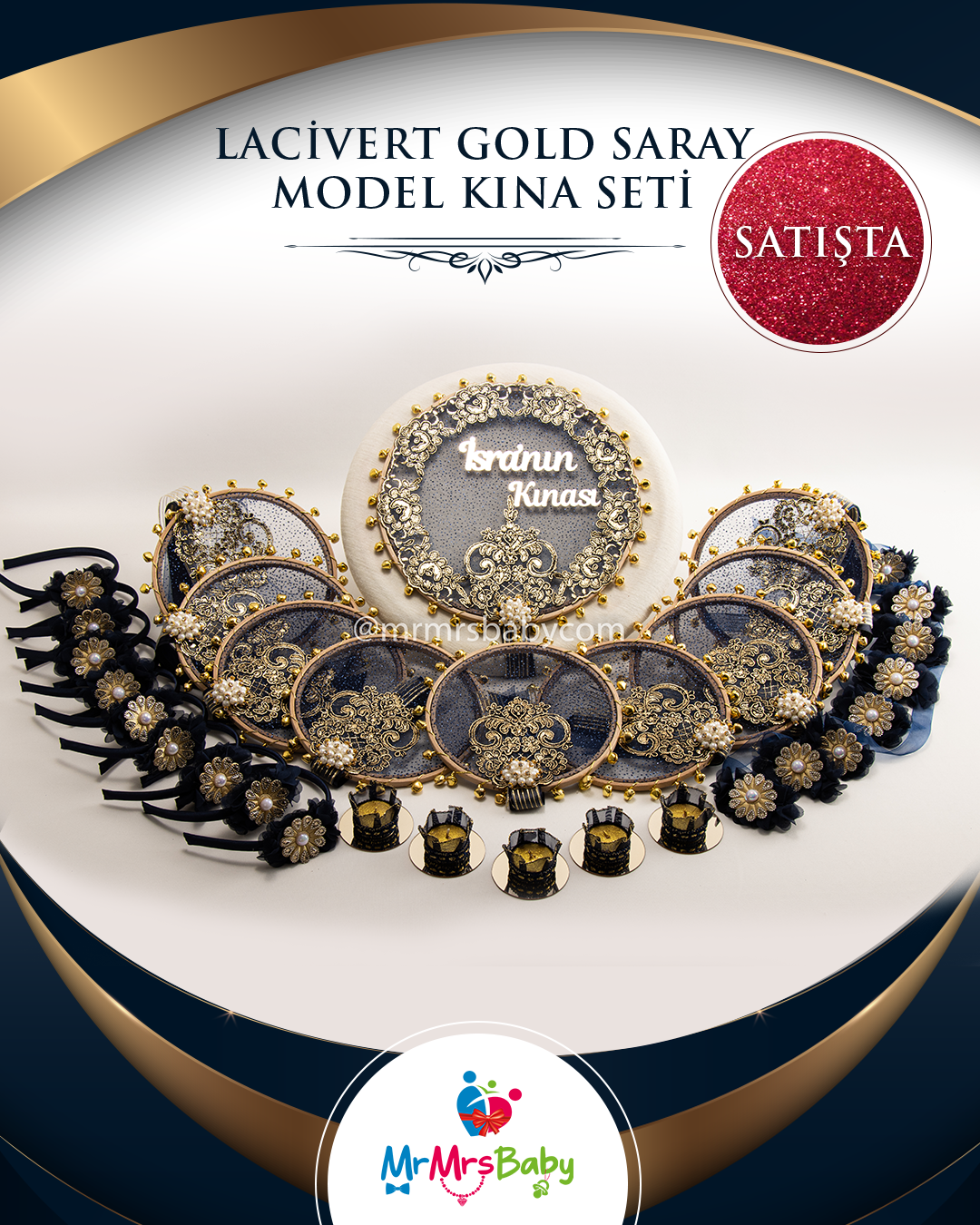 Lacivert Gold Saray Model Fransız Güpürlü Kına Seti